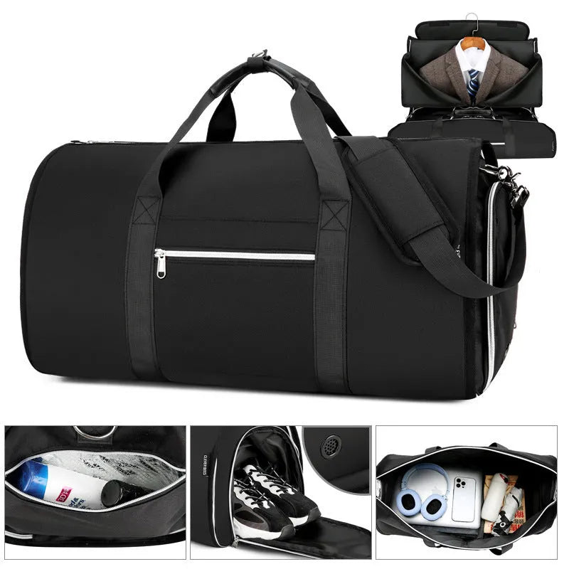 Expandable Oxford cloth storage bag in grey, shown with dry-wet separation compartment.