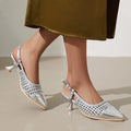 Women's cat heel hollow sandals with buckle closure in silver, PU upper and rubber sole, pointed toe