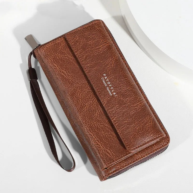 Men's black PU leather bi-fold wallet showing multiple card slots and compact 19cm design