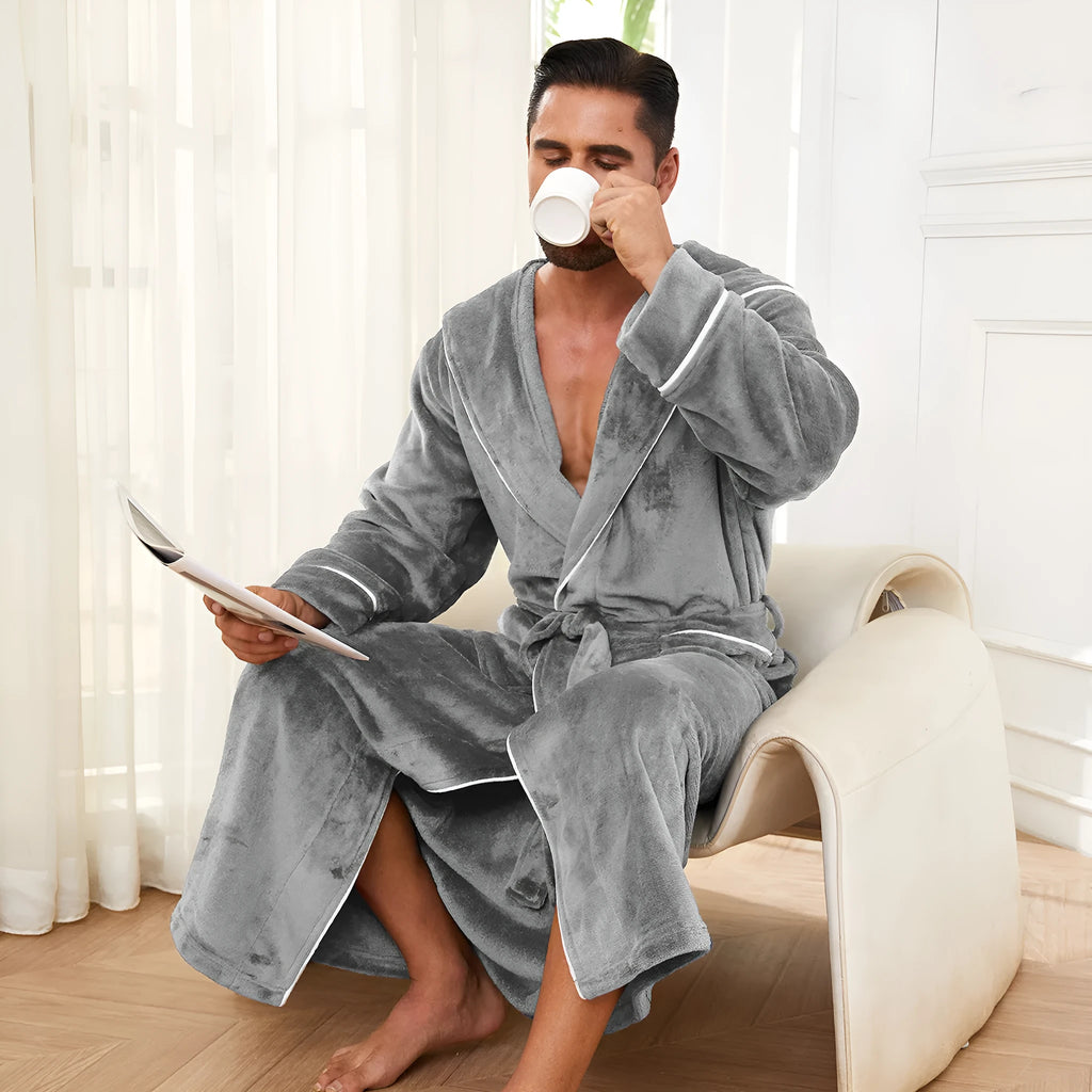 Fashion men's flannel bathrobe in light gray, unisex polyester fibre winter autumn robe