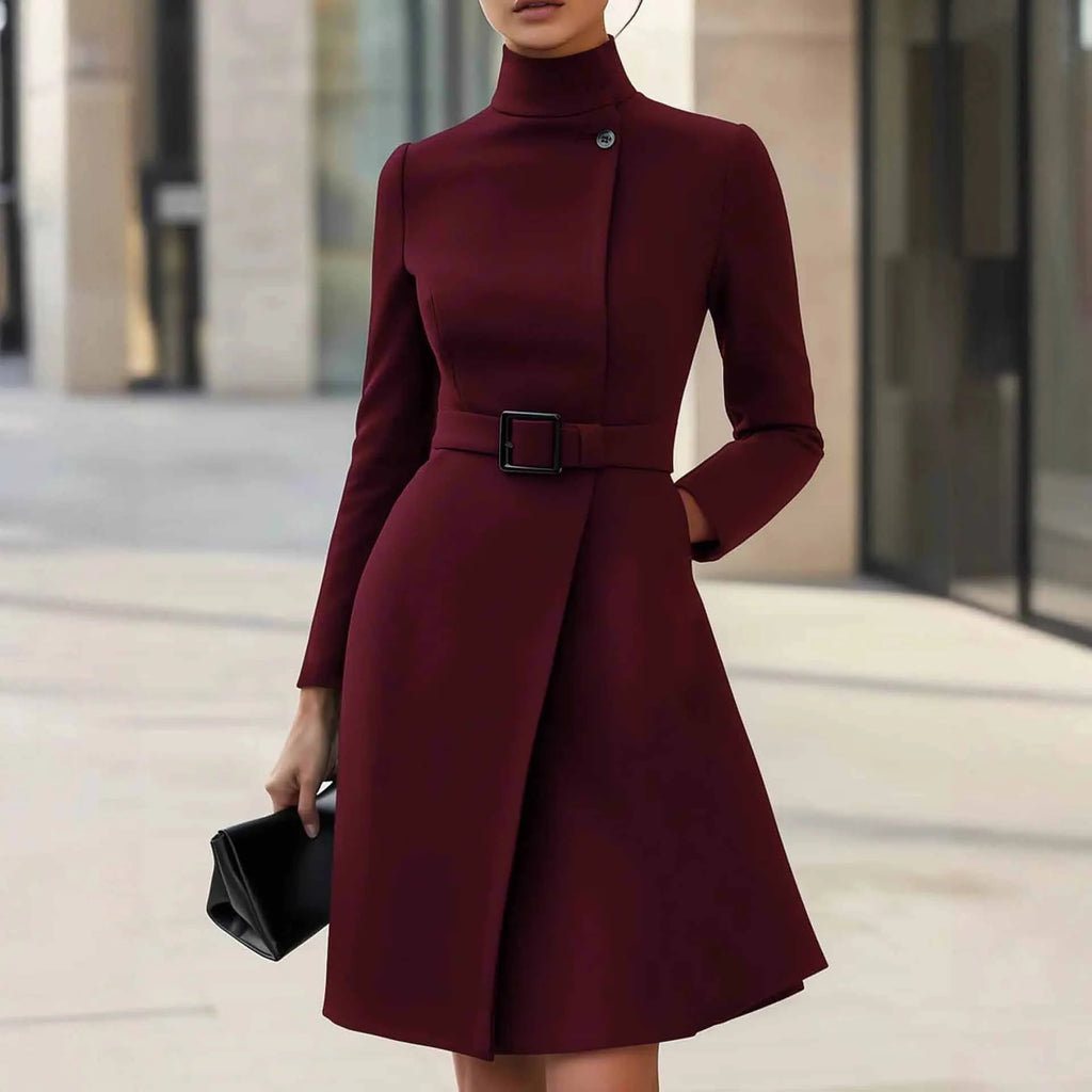 Women's long sleeve high-waist casual dress in black with stand collar and zipper