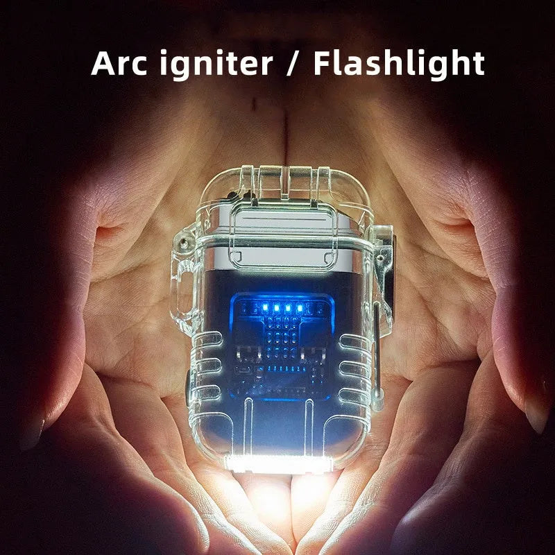 Transparent shell double arc lighter with USB rechargeable battery and triple-mode flashlight in black