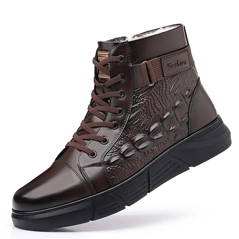 Genuine leather fur-lined snow boots with lace-up front and rubber sole, shown in black with velvet trim.