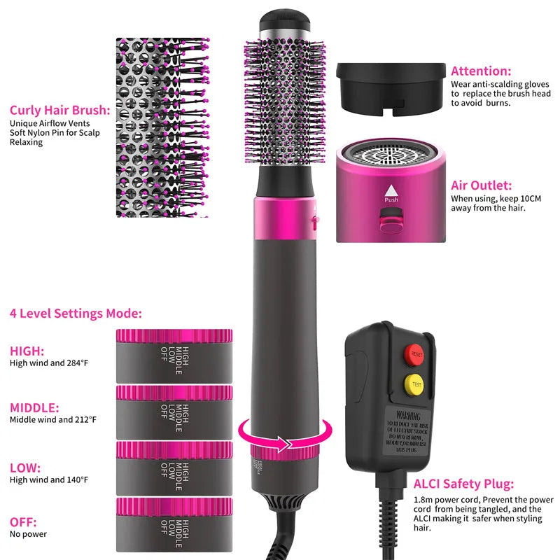 Dyson grey 5-in-1 hair dryer brush styling tool with multiple brush attachments on white background