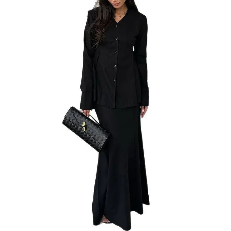 Women's V-neck slim fit polyester suit set with long sleeves and long skirt in black