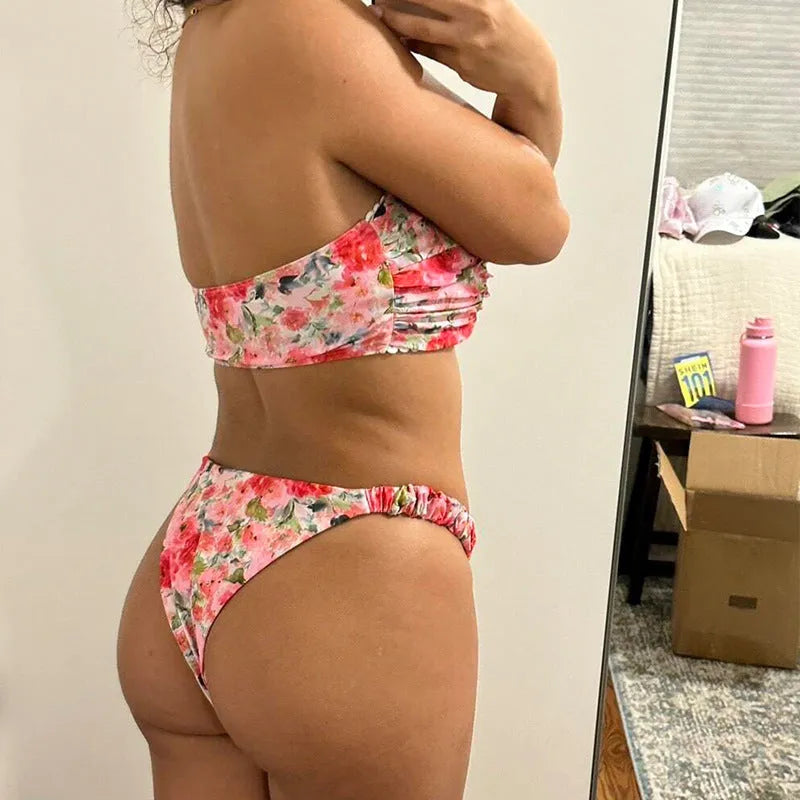 Floral printed tube top bikini set with matching briefs in blue colour option
