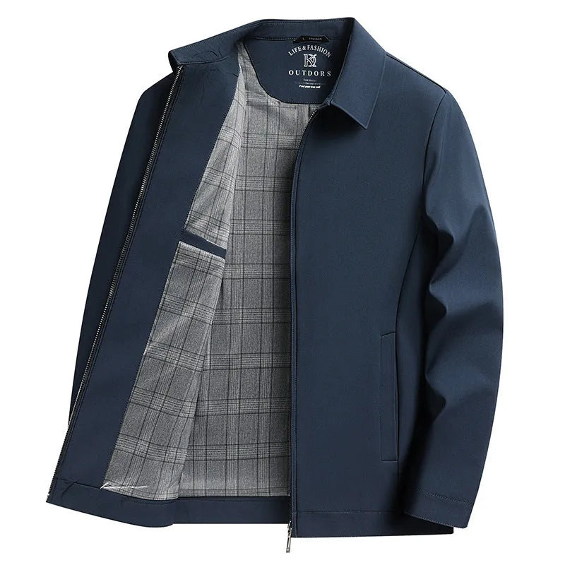 Men's solid color casual polo collar jacket in navy blue, loose fit, side seam pockets, polyester fabric