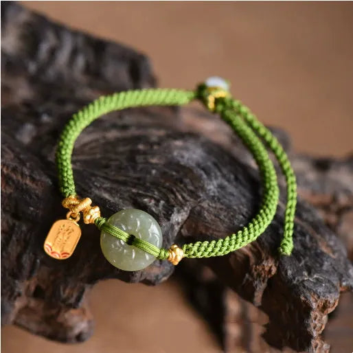 Hand-woven flexible wire bracelet with Hetian jade safety buckle in green national style