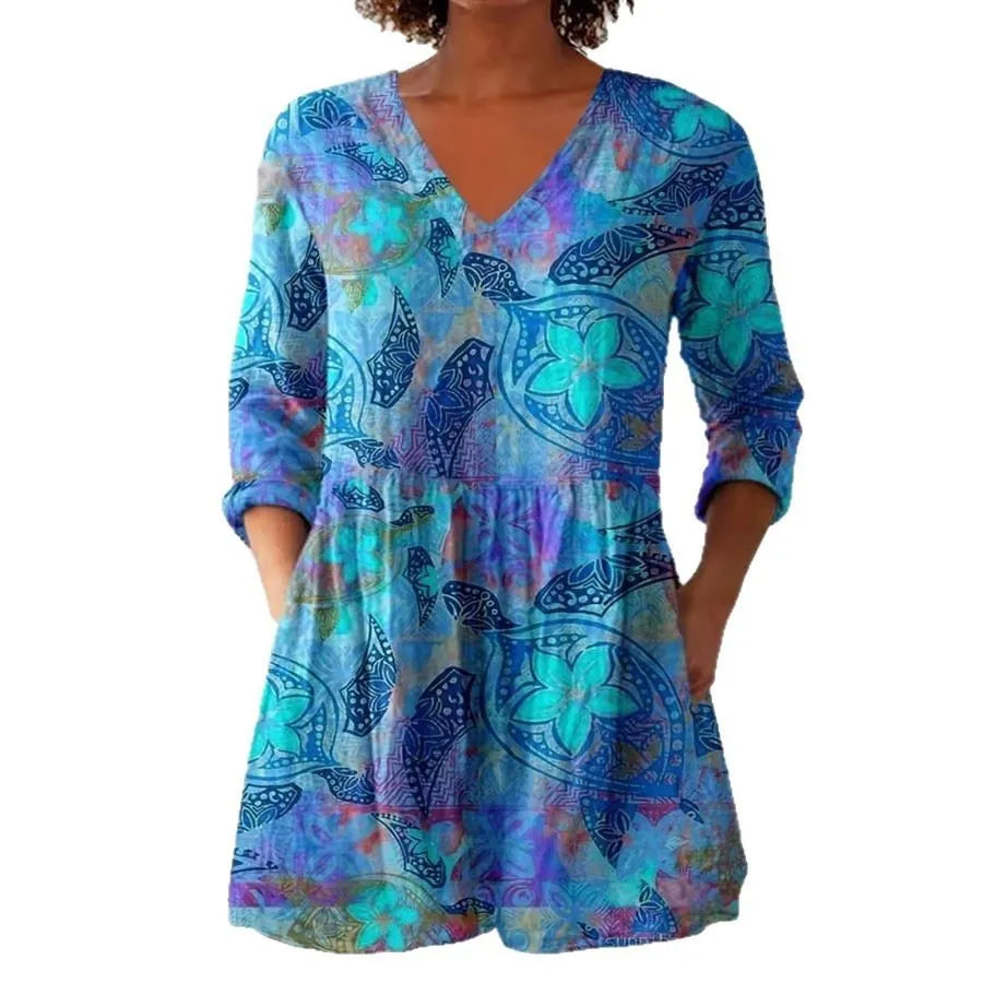 Women's retro printed long sleeve top in slim fit, shown in a colour option with digital print design.