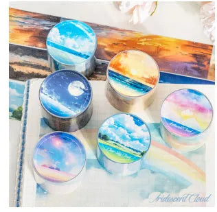 Roll of Japanese paper decorative tape with sky patterns including clouds and nebula, showing 30mm width.