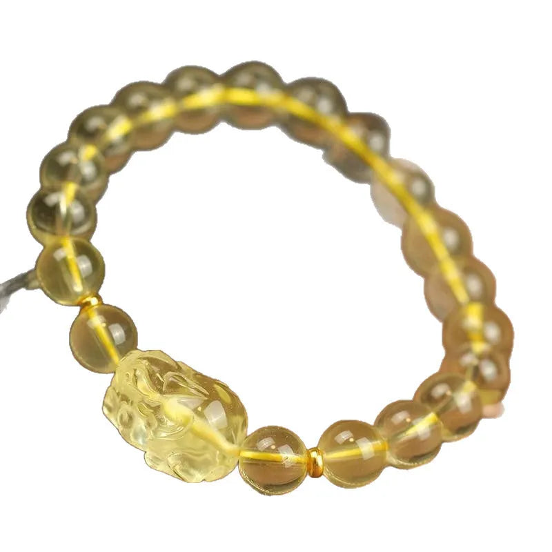 Yellow Citrine Pi Xiu bracelet with artificial crystal beads and leather clasp in national style.