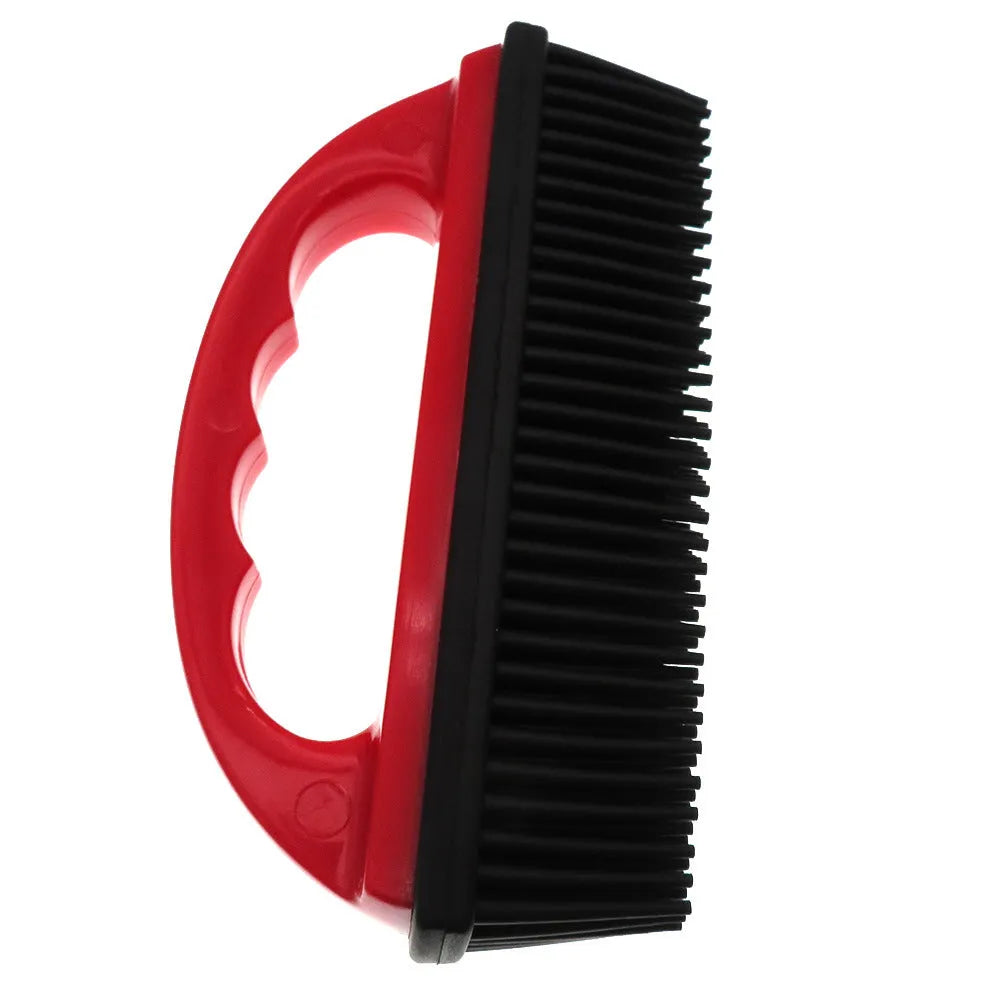 Red pet hair removal brush with curved rubber bristles measuring 160mm by 85mm