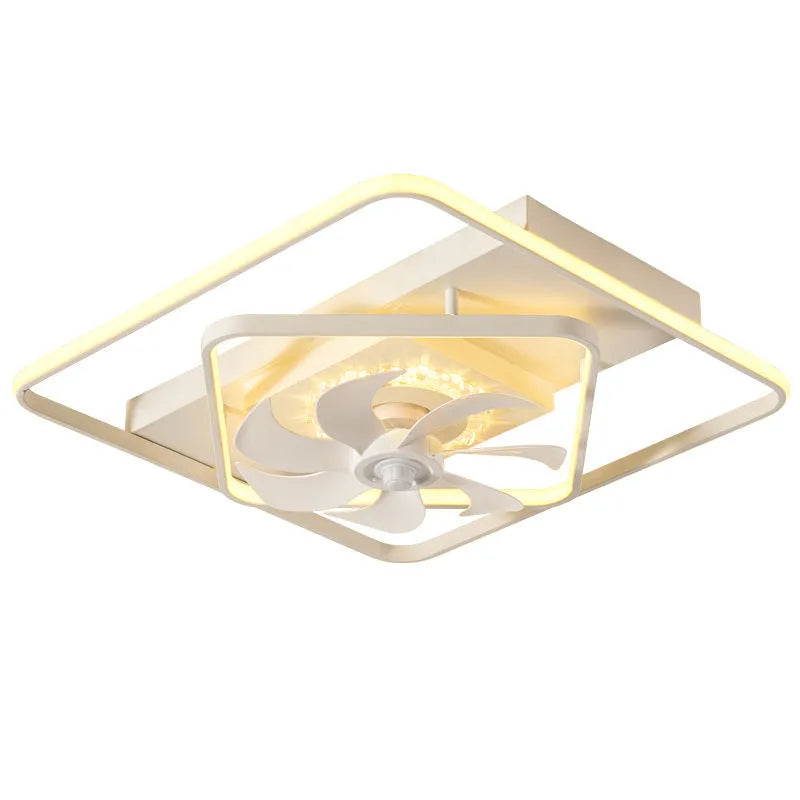 Modern ceiling fan with integrated light fixture, showing plastic blades and acrylic lampshade