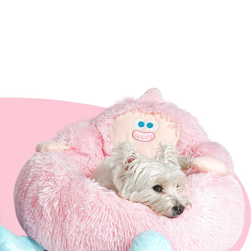 Long plush pet nest thick warm kennel in gray for cats and dogs, 40 cm high