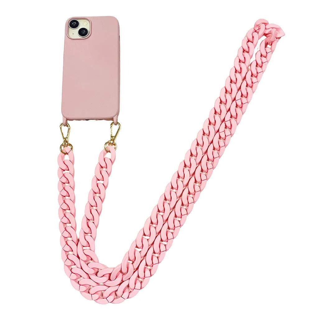 DIY frosted handle chain phone cover in liquid silicone for iPhone, available in pink shell colour