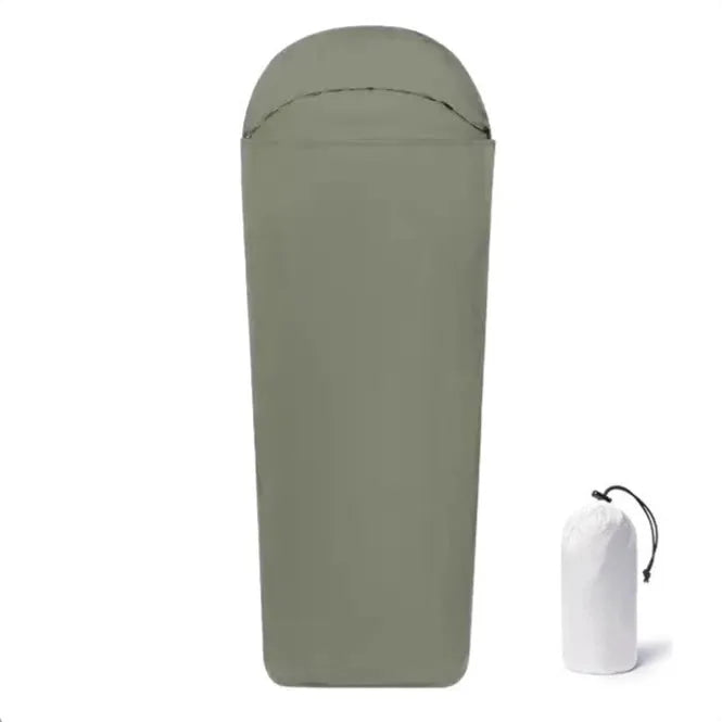 Blue mummy-style nylon sleeping bag with plaid lining for adult camping travel