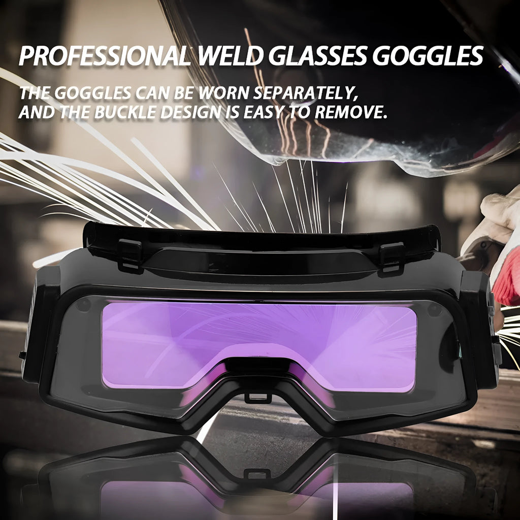 Black automatic darkening welding mask with a large rectangular viewing lens and adjustment controls on the side.