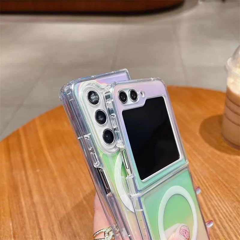 Colorful transparent acrylic magnetic phone case for Samsung Galaxy with drop-resistant protection and magnetic suction feature.