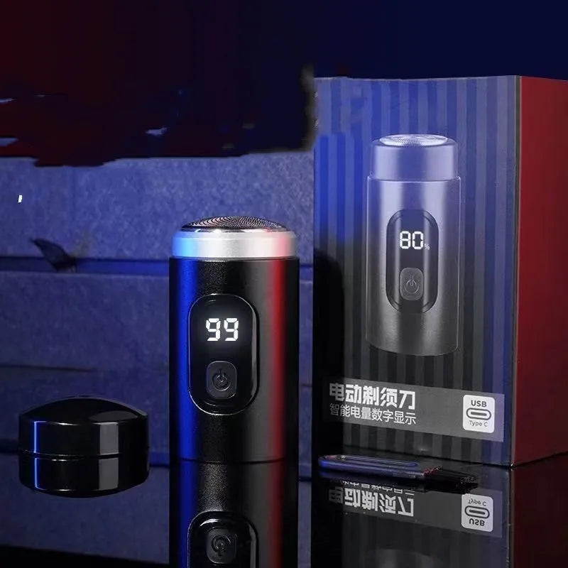 Black mini USB rechargeable electric shaver with cleaning brush and protective cover