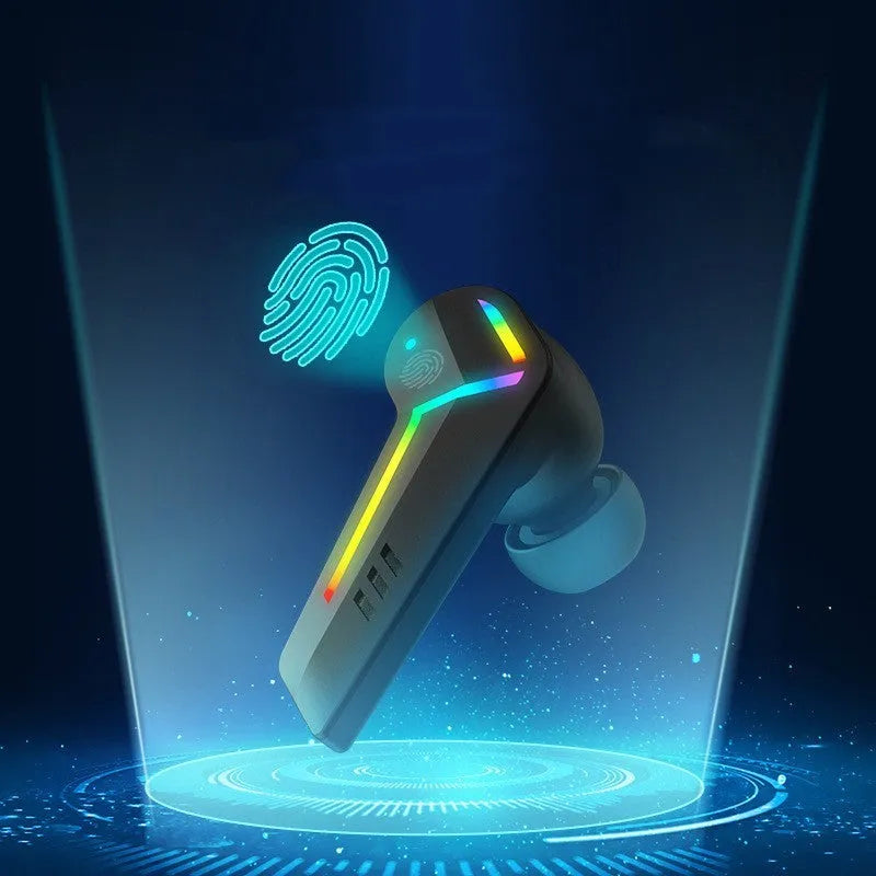 Small black TWS Bluetooth sports headset with earplug design and wireless connectivity