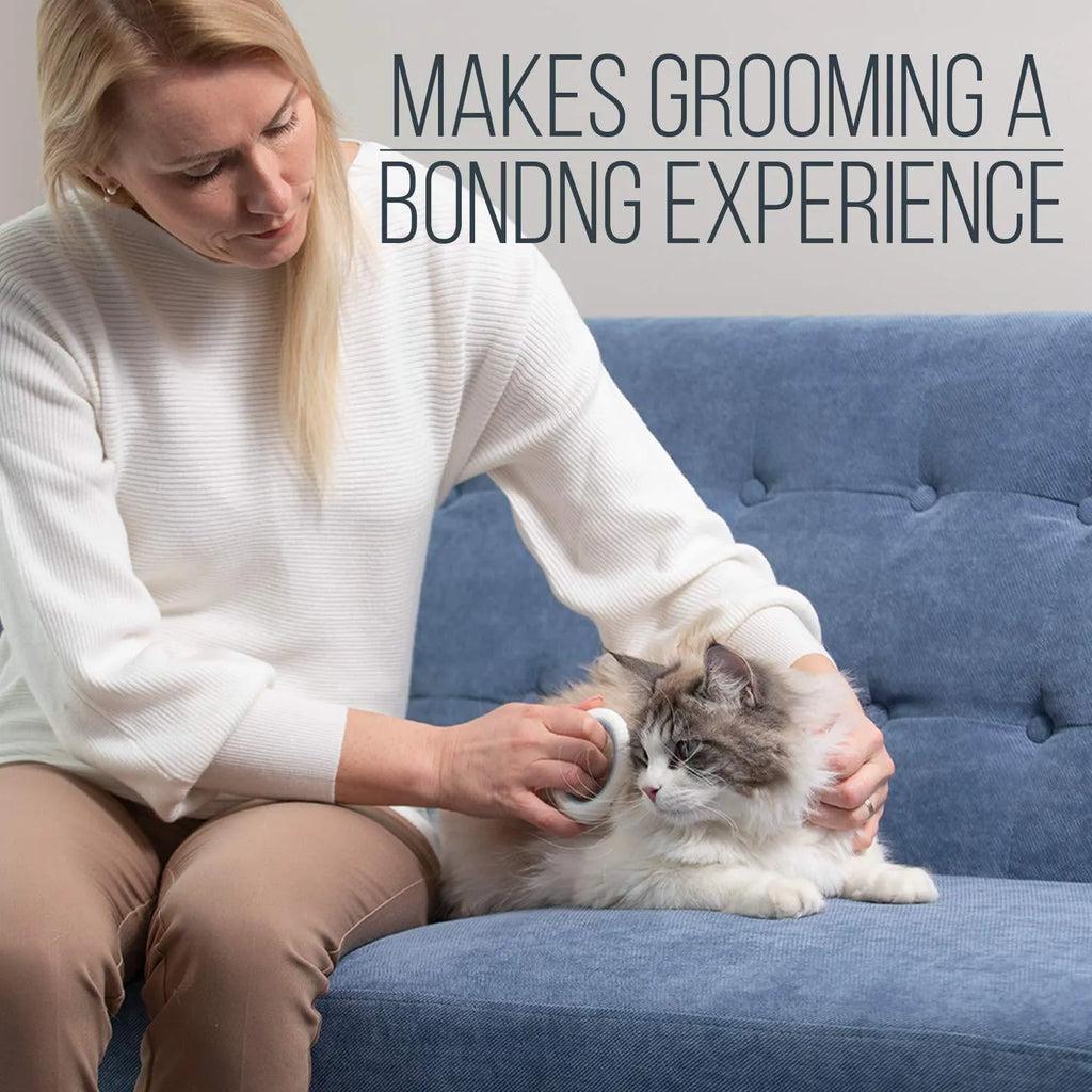 Blue pet deshedding comb with soft plastic teeth and an ergonomic handle on a white background.