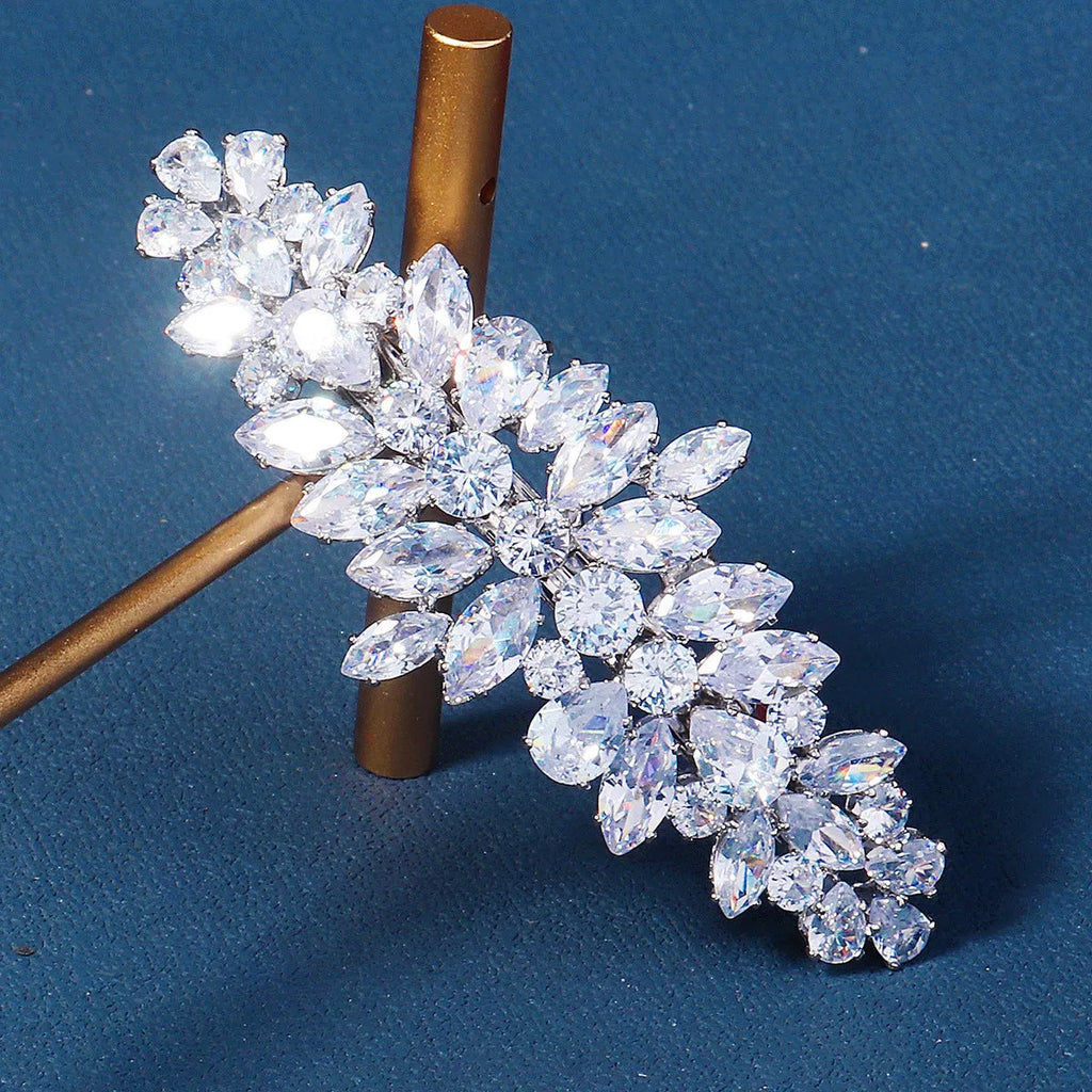 Women's inlaid zircon spring clip barrette with leaf pattern, electroplated finish, side view