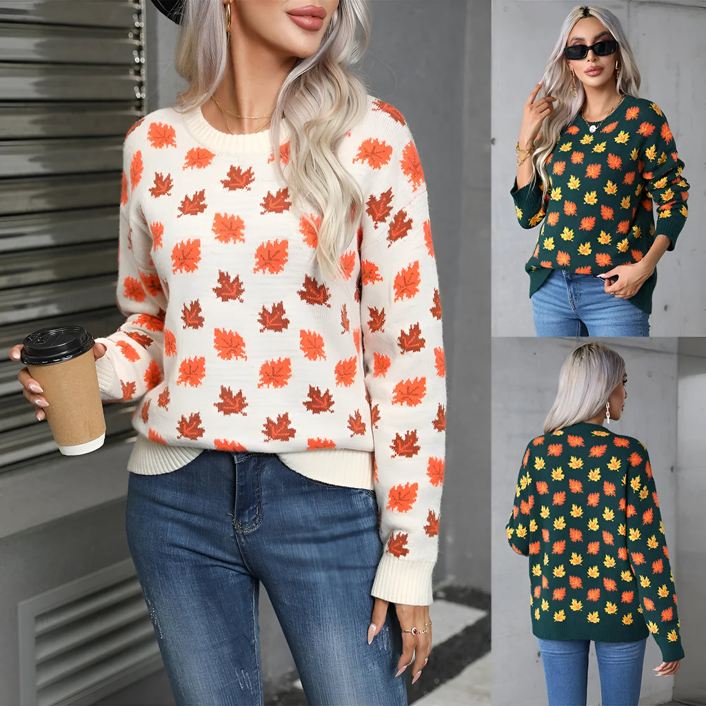 Women's beige loose fit polyester sweater with maple leaf contrast colour pattern and round neck