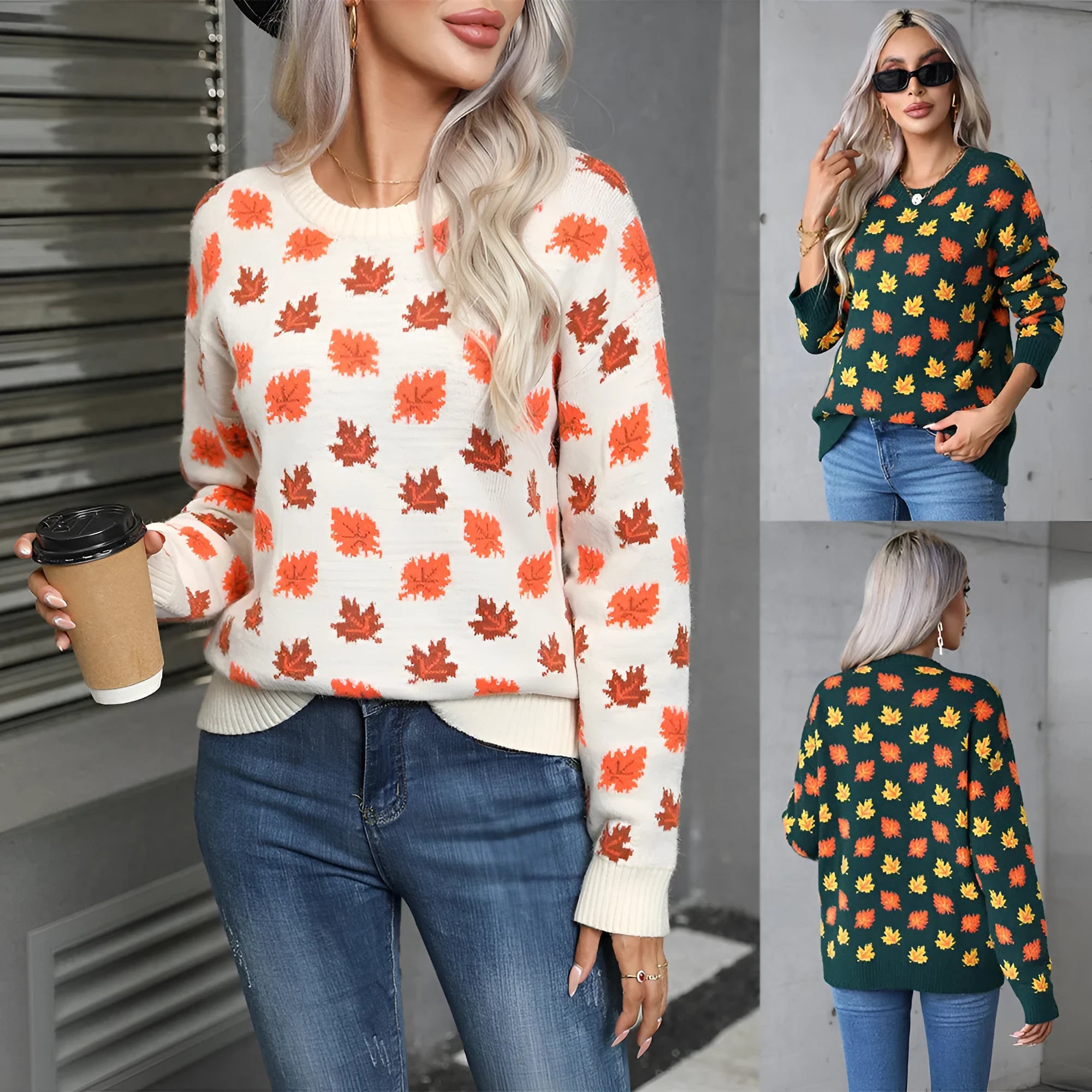 Women's beige loose fit polyester sweater with maple leaf contrast colour pattern and round neck