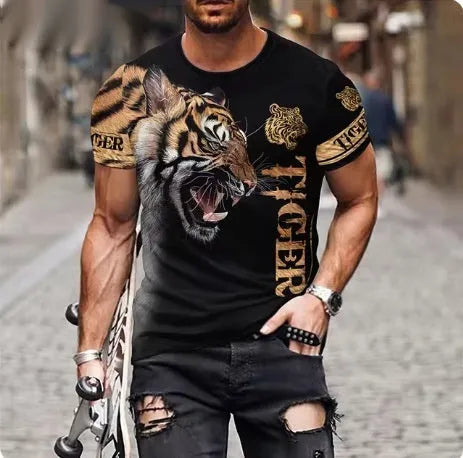 Men's black t-shirt with fierce 3D lion printing graphic design on front