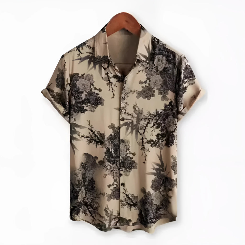 Hawaiian floral print lapel short sleeve shirt in polyester elastic fabric showing digital printed patterns
