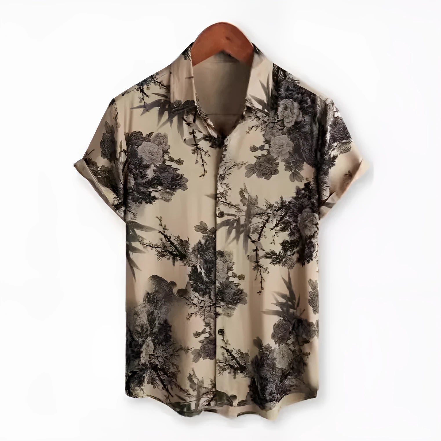 Hawaiian floral print lapel short sleeve shirt in polyester elastic fabric showing digital printed patterns