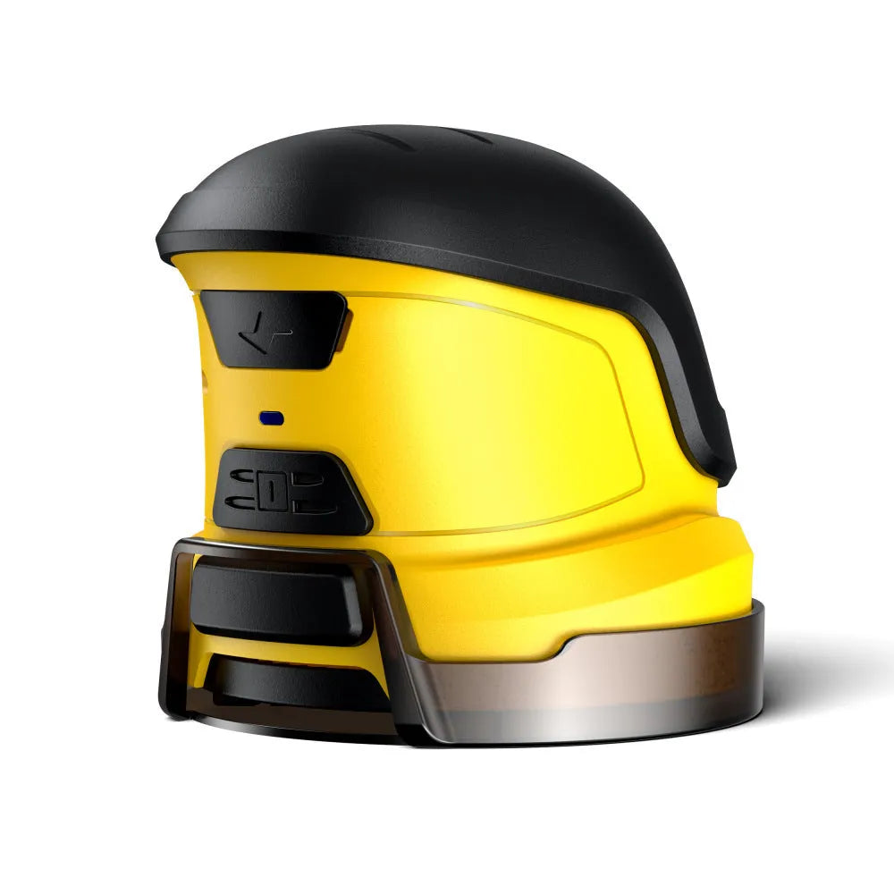 Yellow cordless electric car ice scraper with USB charging cable on a car windshield.