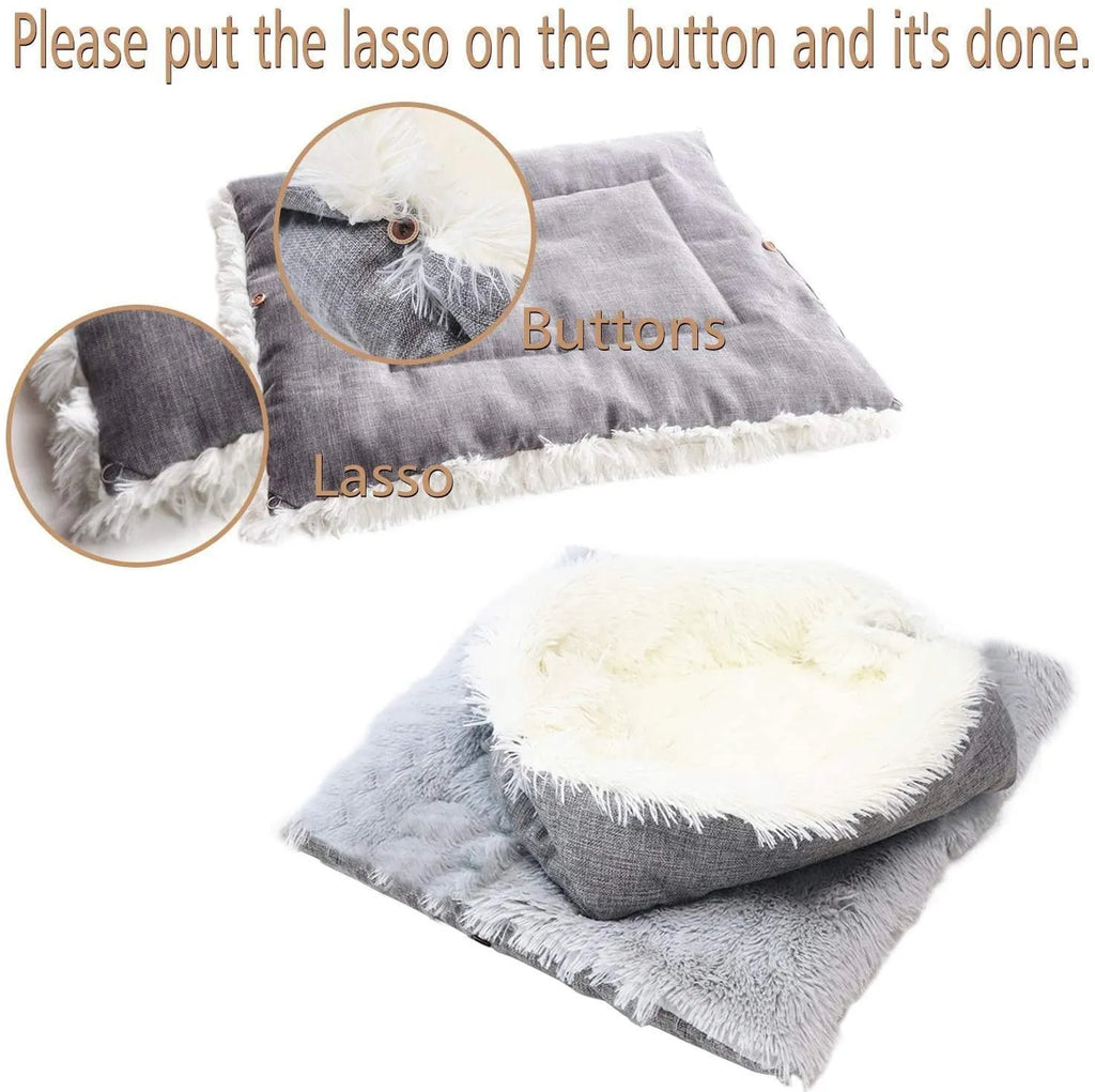 Two purpose gray pet blanket nest with long plush top and black non-slip bottom on a sofa