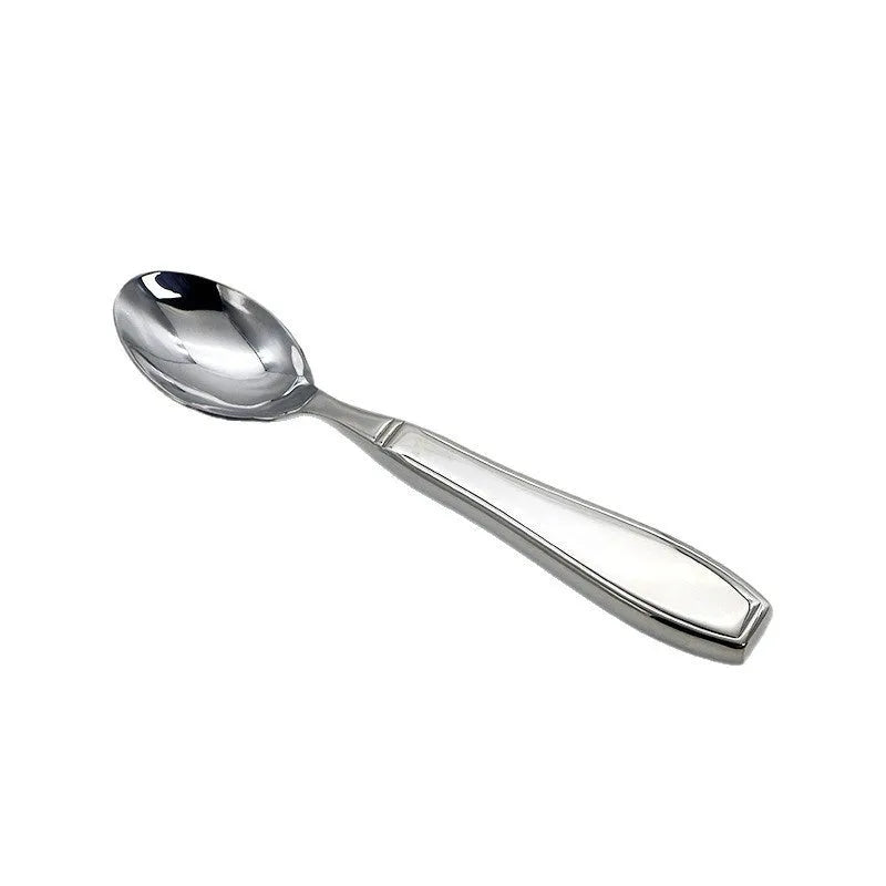 Stainless steel Western-style tableware set with anti-handshaking design including heavy-duty spoon, fork, and knife on a neutral background.