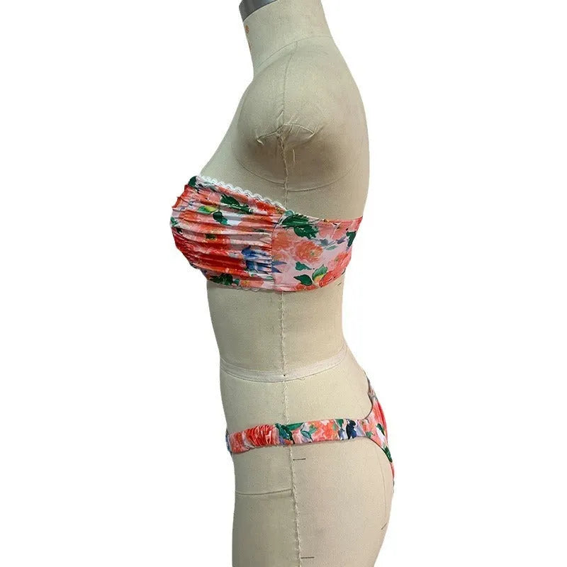 Floral printed tube top bikini set with matching briefs in blue colour option