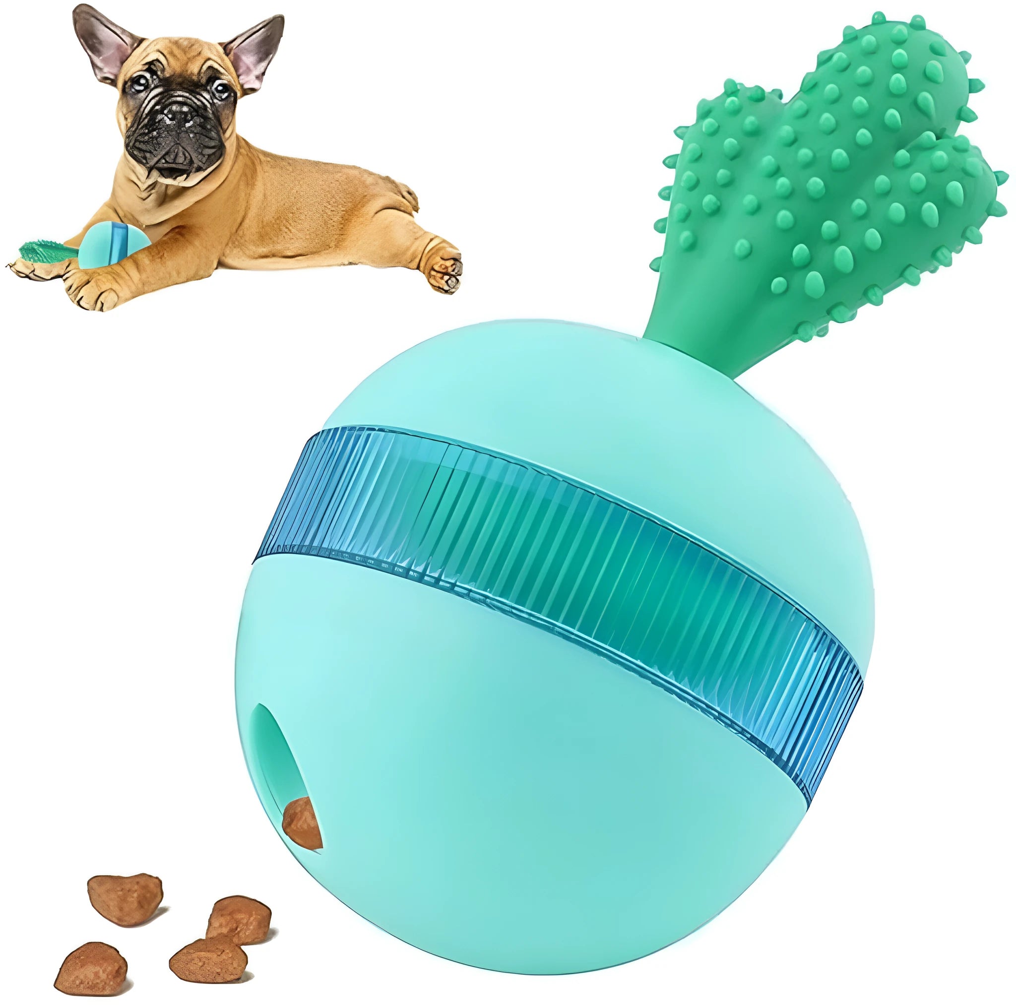 Blue interactive dog treat dispensing tumbler ball with small holes for medium large dogs