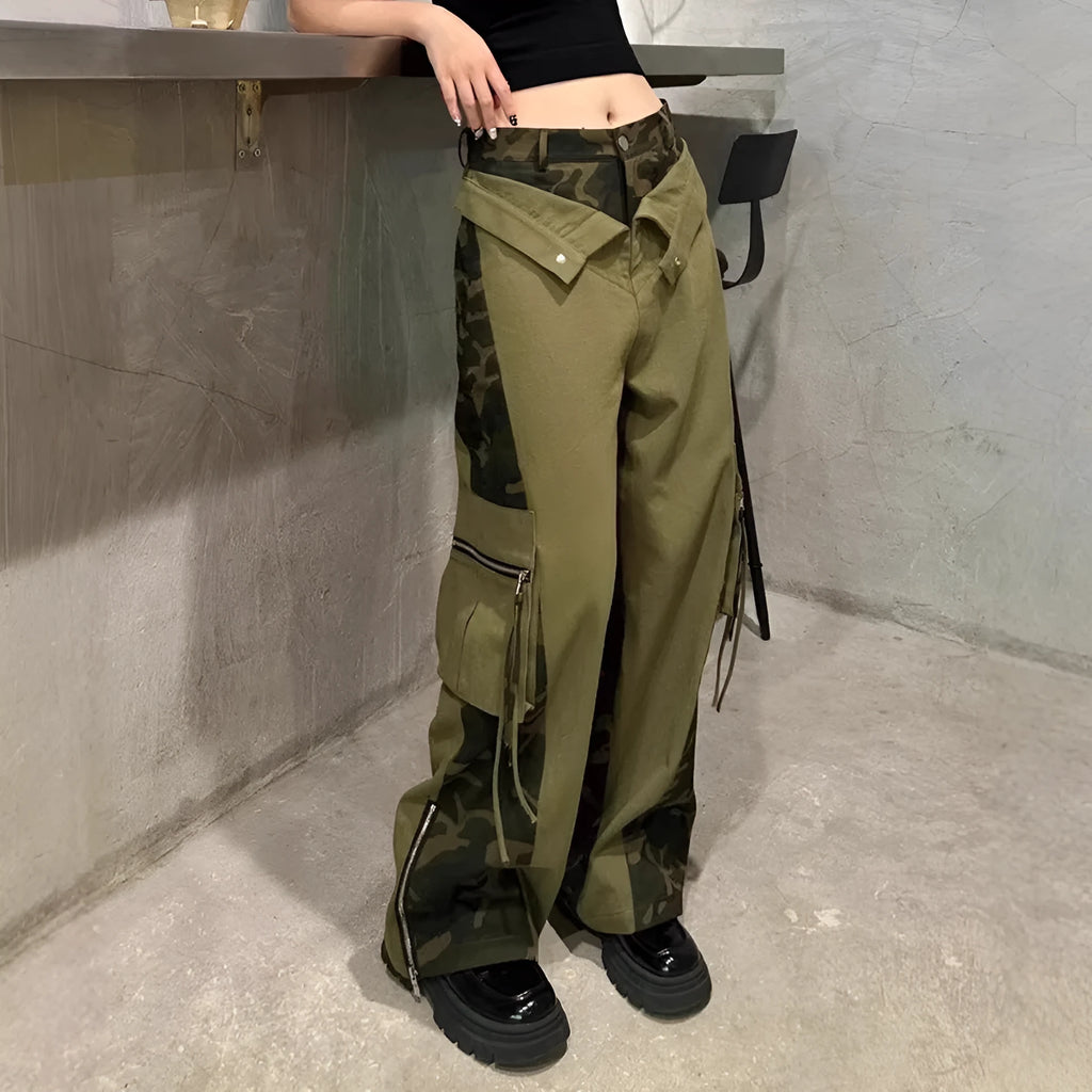 High waist straight leg jeans with dark khaki leopard print and fake stitching tooling design
