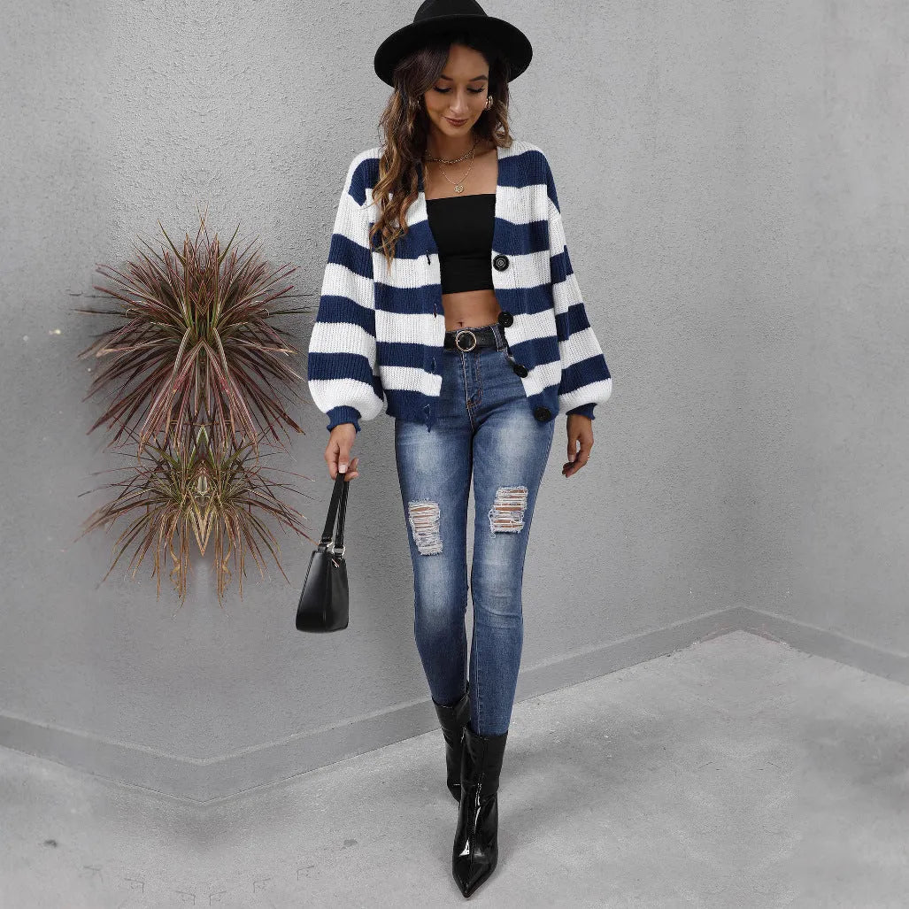 Women's striped deer plush cardigan with button front in blue black brown or green street fashion woven sweater
