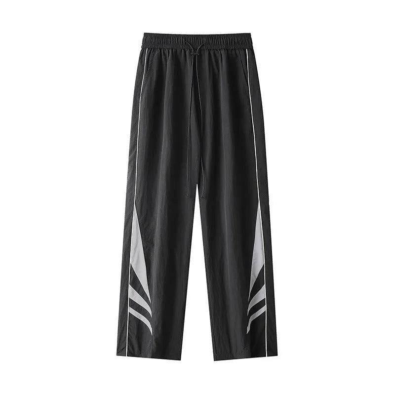 Men's straight-leg summer trousers in black polyester-cotton blend fabric for plus-size casual wear