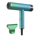 Foldable electric hair dryer in green or purple with lightweight portable design and adjustable settings