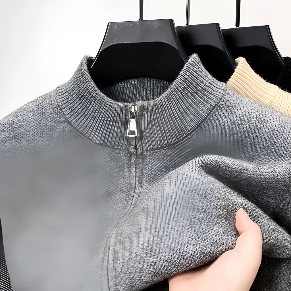 Men's loose fit grey knitted cardigan with stand collar and zip front closure
