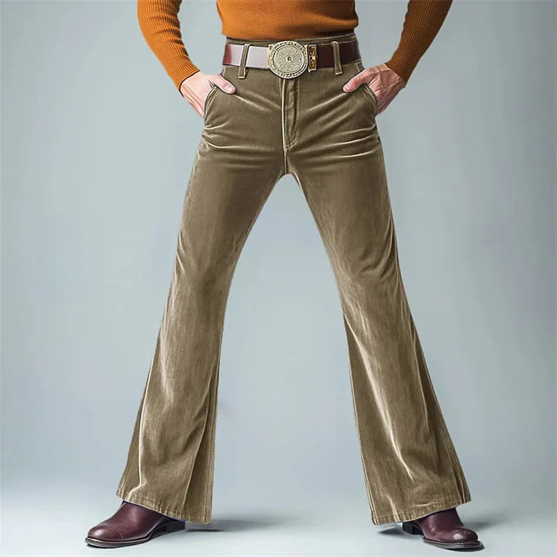 Men's gold velvet slim flared suit trousers with solid colour finish for formal banquet wear