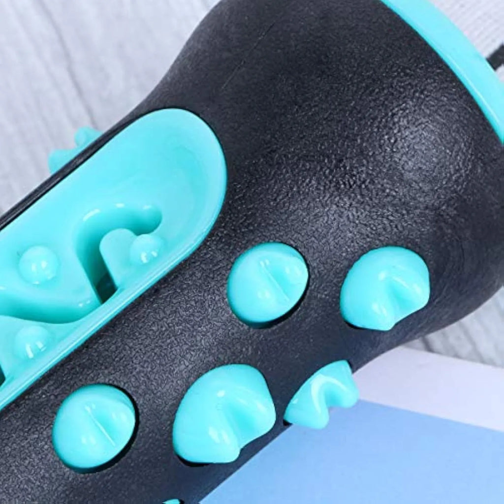 Natural rubber dog toothbrush chew toy in blue colour with textured cleaning surface