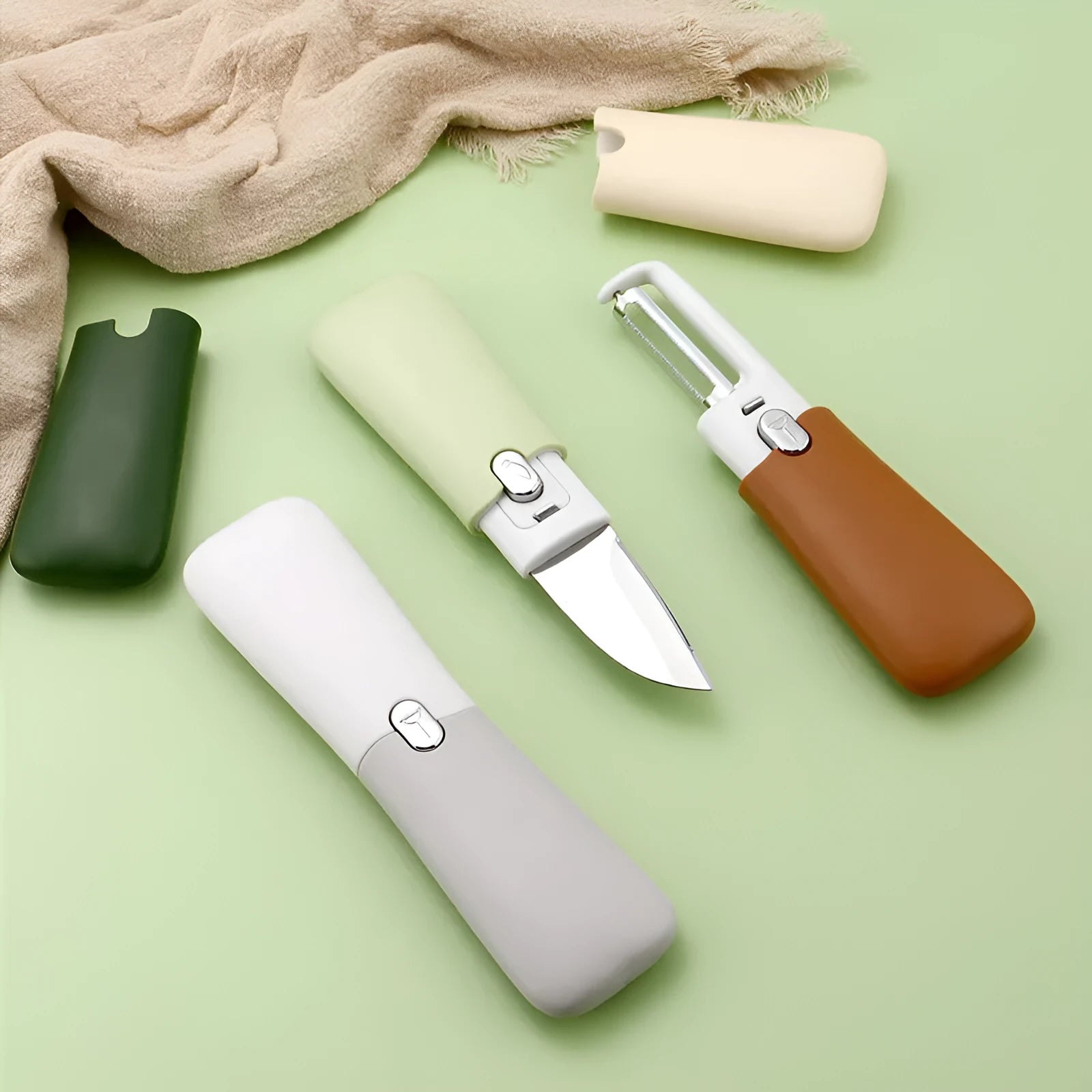 Multi-functional 2-in-1 stainless steel peeler with paring knife in avocado green colour