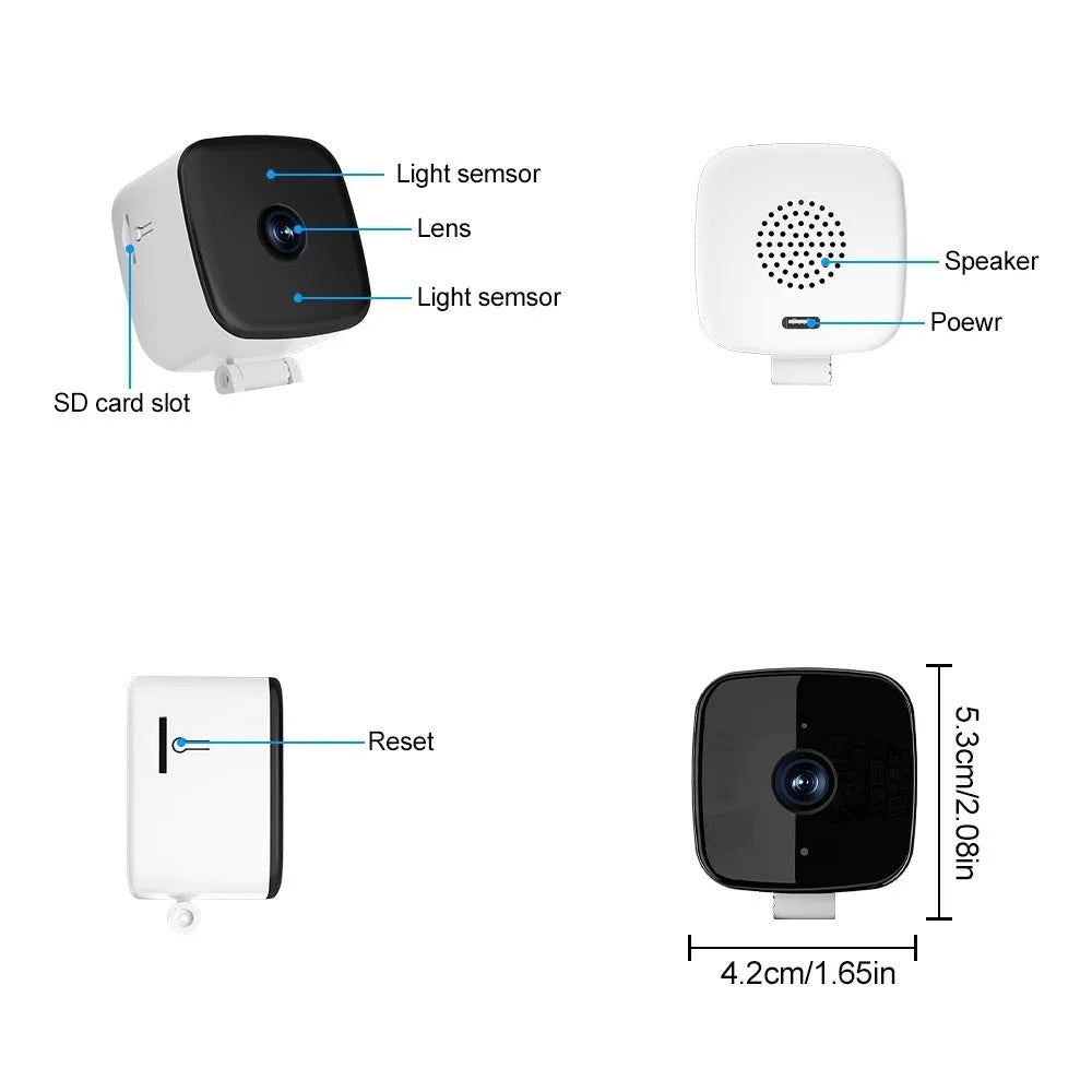White wireless network HD camera with two-way intercom and night vision, 109x102x59mm, front view