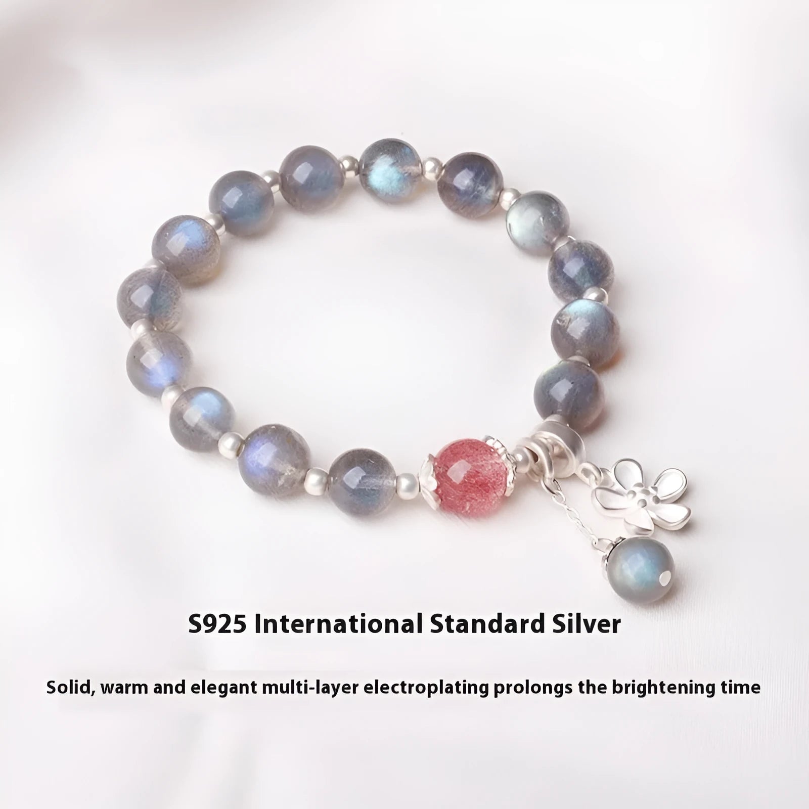 Grey moonlight crystal bracelet for women in 925 silver with honeysuckle animal zodiac design and 7.5mm beads