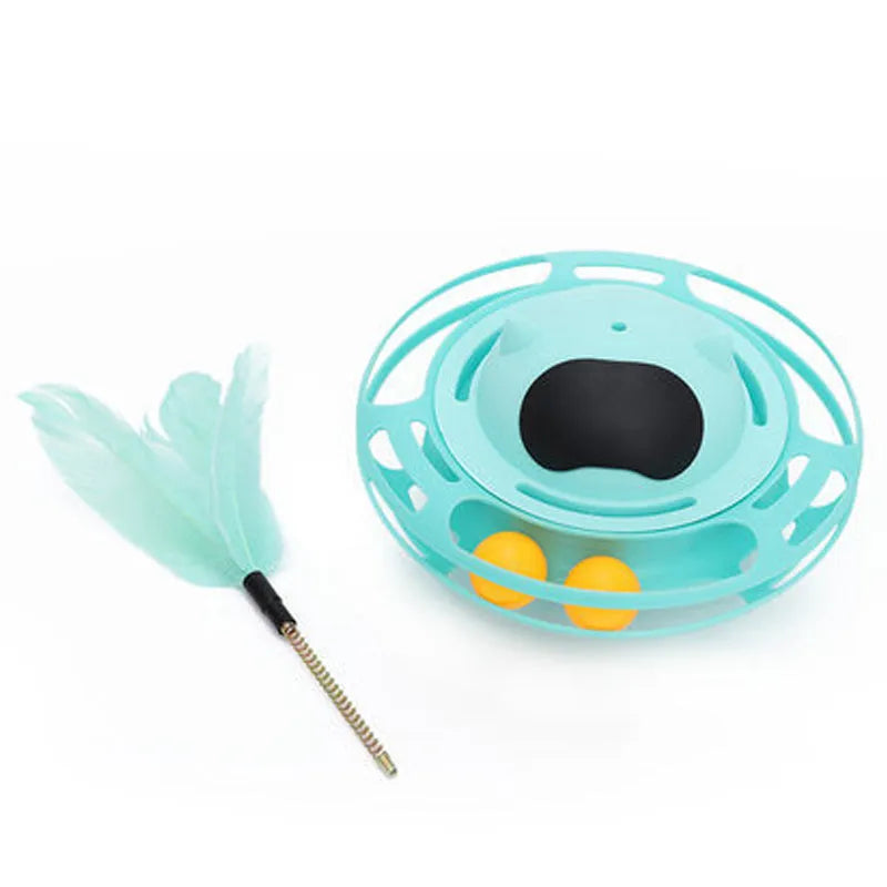 Pink cat tumbler turntable toy with rotating base and attached stick on white background