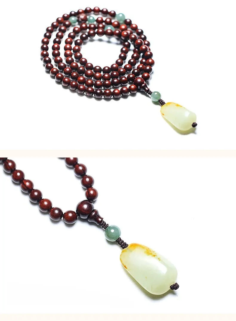 Rosewood 6mm beads bracelet with Hotian jade pendant, unisex national style, carved surface