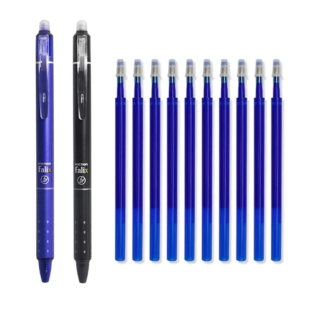 Hot erasable gel pen with 0.5mm stainless steel nib and plastic shell in blue or black refill options