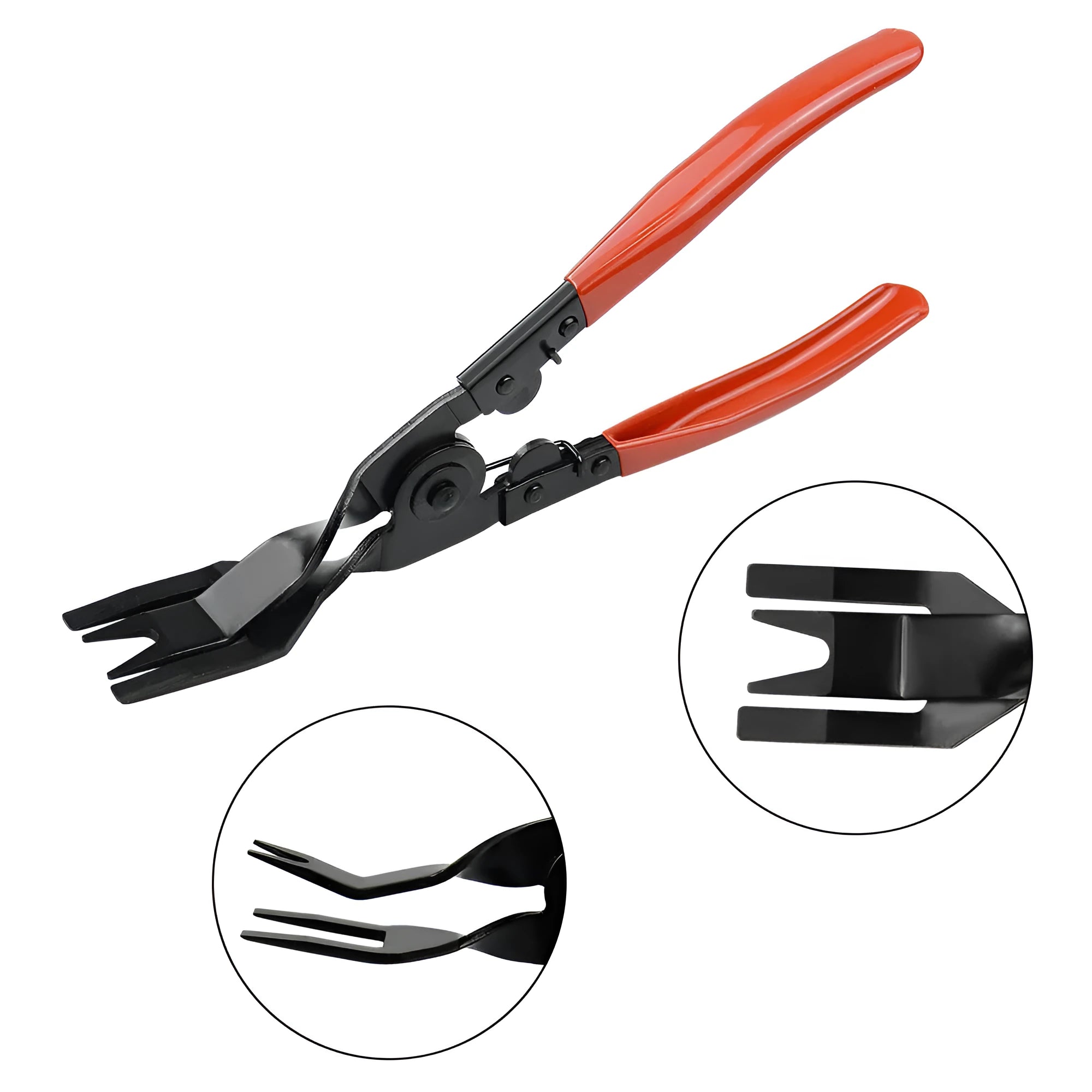 Red-handled steel automotive door panel clip removal tool for General Motors vehicles